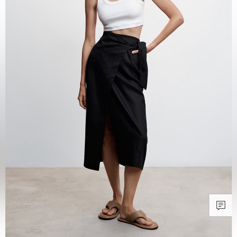 mango black linen blend midi wrap skirt XS